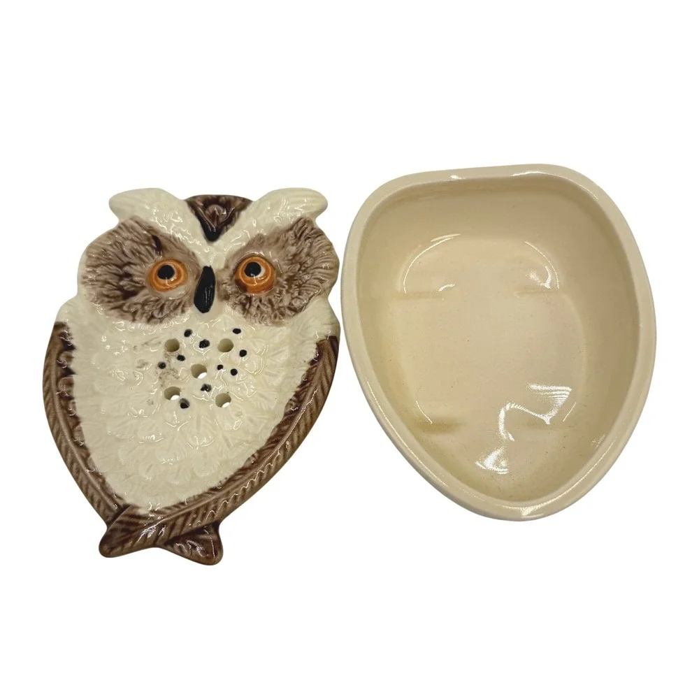 Soap Dish Small Cream‎ Brown Owl Figural Ceramic 2-Piece Japan Vintage 1960s